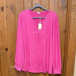 JODIFL Hot Pink Pleated V-Neck Long Sleeve Blouse